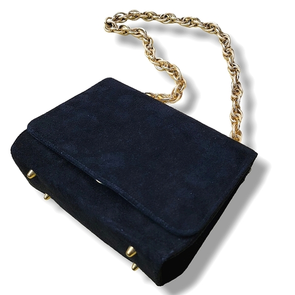 Vintage Black Suede Gold Toned‎ Chain Strap Shoulder Cross Body Bag - Picture 1 of 9